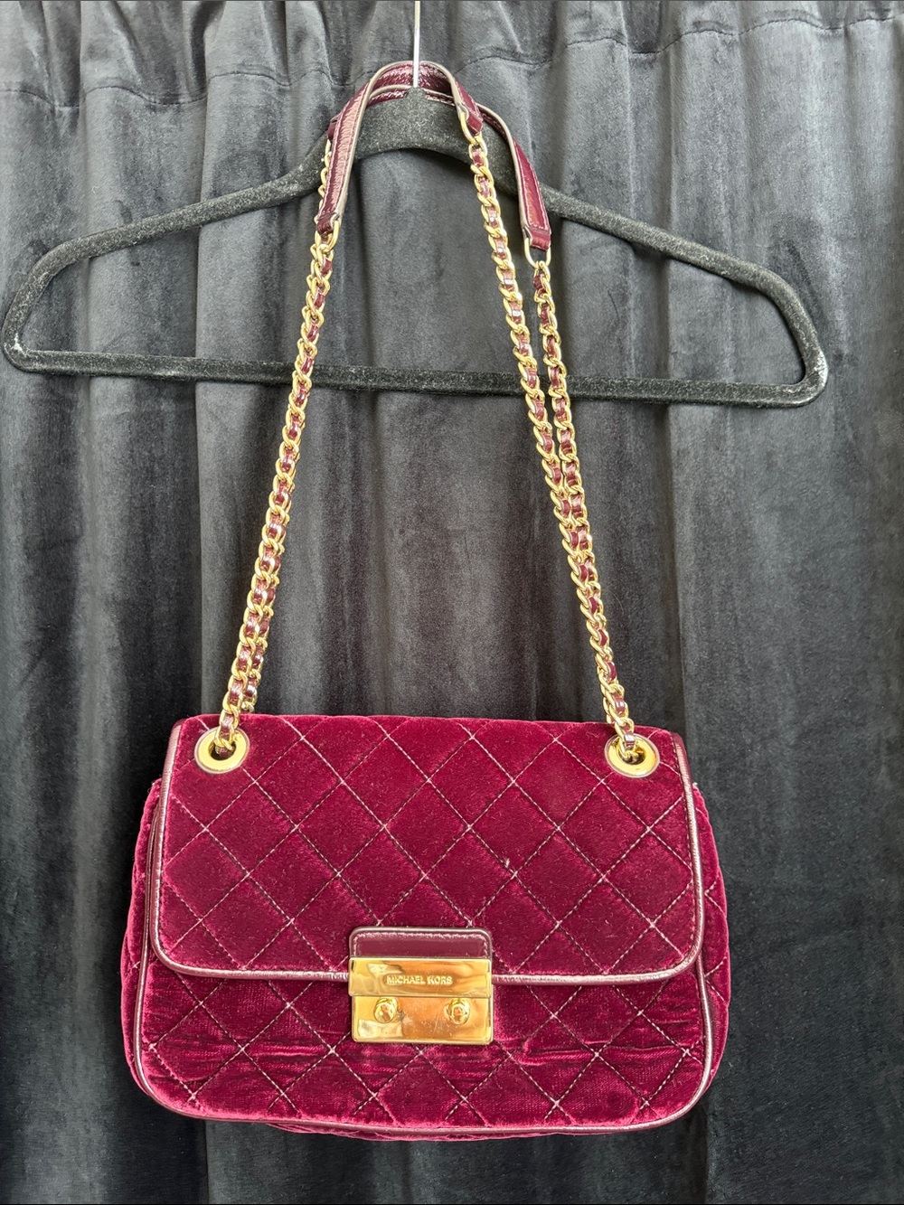 Michael Kors Quilted Velvet Shoulder Bag in Burgundy with Gold Chain